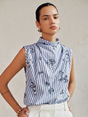 NEW Commense Blue and White Striped Mock-Neck Sequin Sleeveless Top